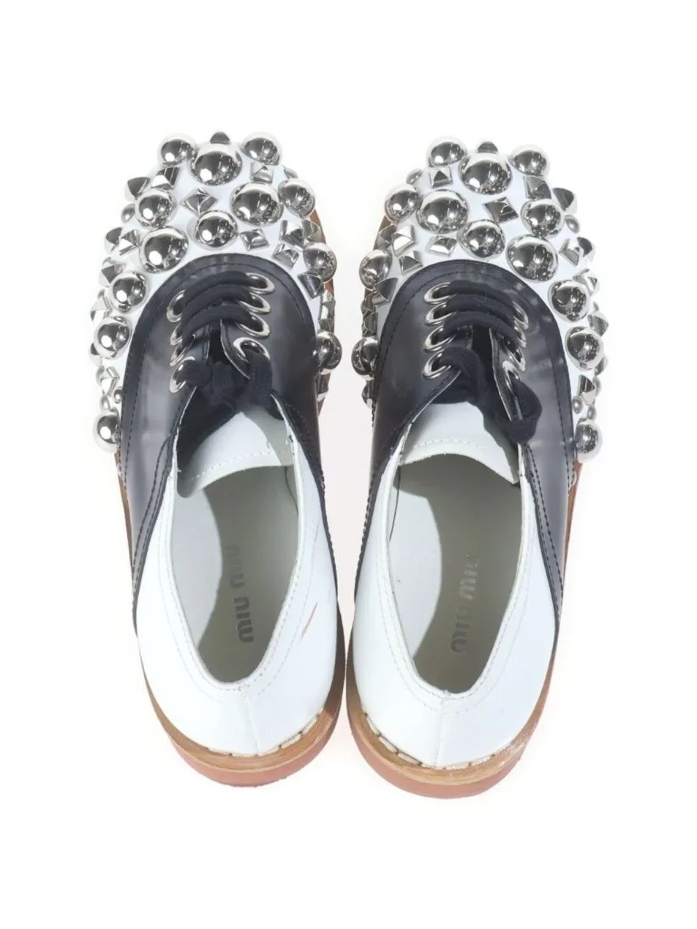 Miu Miu Studded Lace Up Low Cut Leather Shoes Black White